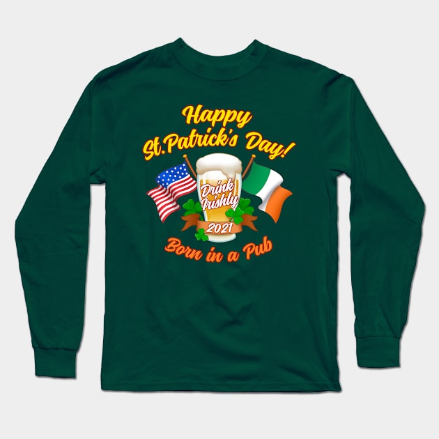 Shamrocks Beer Mug St. Patrick's Day Irish And American USA Flags Long Sleeve T-Shirt by Scud"